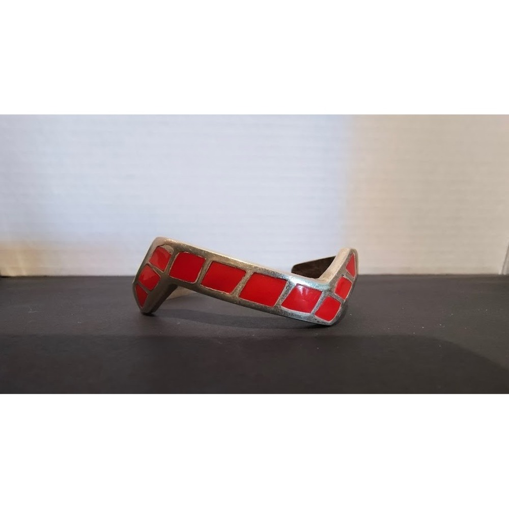 Vintage Sterling Silver Red Inlay Chevron Cuff Bracelet Southwestern Style